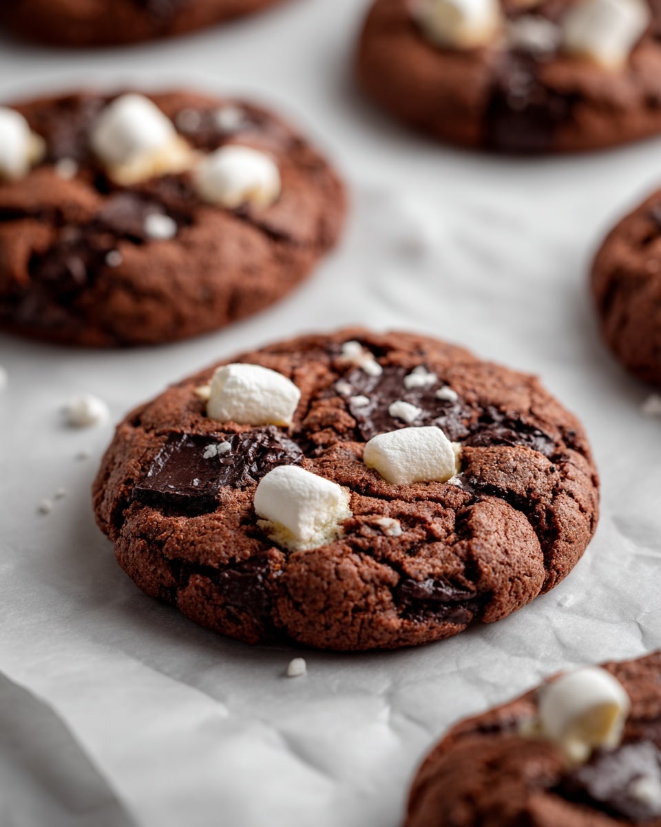 This image shows multiple chocolate cookies on white parchment paper placed over a baking tray with a white marbled surface beneath. Each cookie is thick and rounded with a rough, slightly cracked surface. The cookies are brown with embedded dark chocolate chunks and small white marshmallows scattered on top in and around the center. The cookies are arranged loosely with the closest one in sharp focus and the others softly blurred in the background. photo taken with an iphone --ar 4:5 --v 7