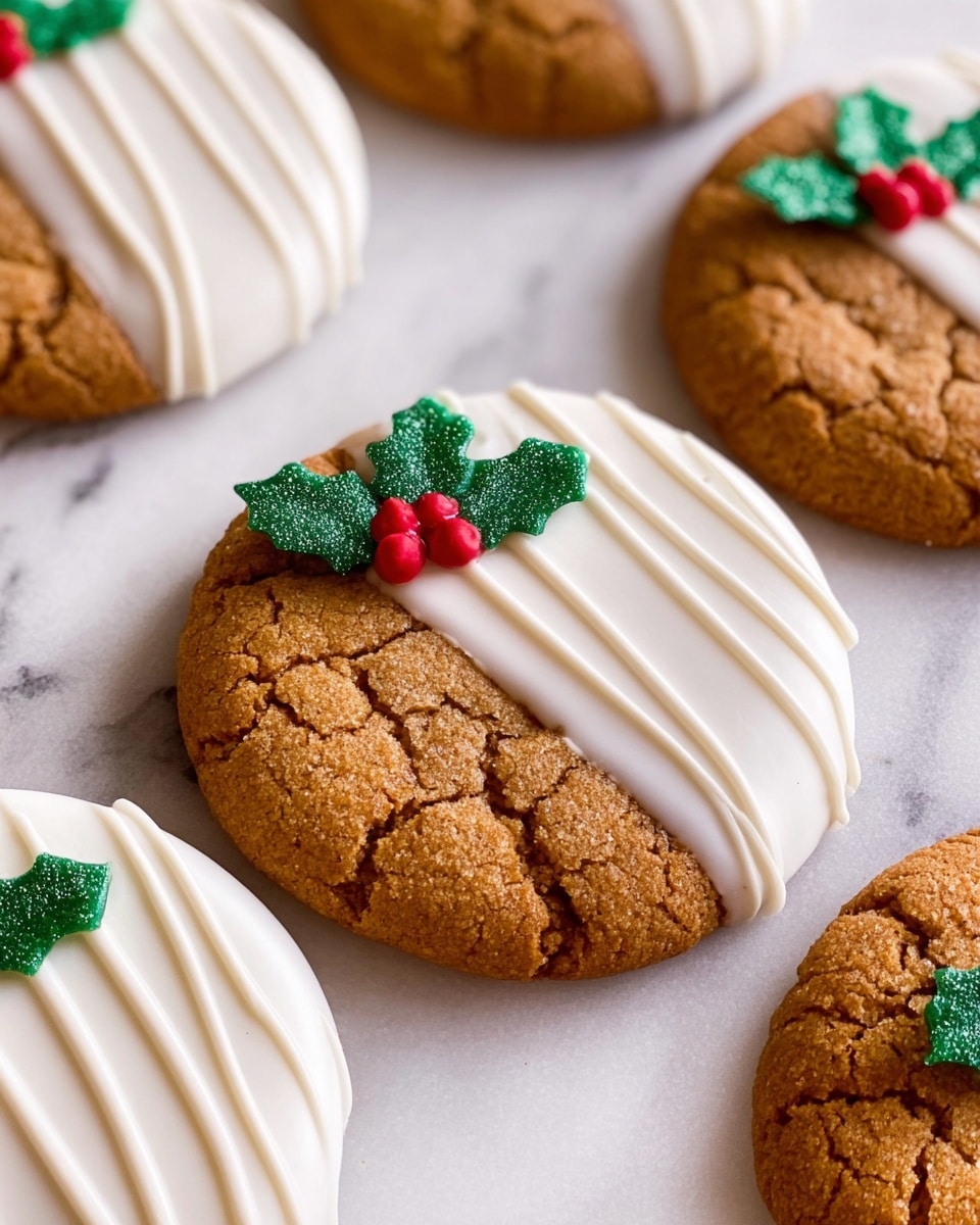 A close-up view of several round cookies placed on a white marbled surface, each cookie is half dipped in smooth white icing that covers about one-third of the cookie's lower side, with thin white icing lines drizzled diagonally over the white icing. On the top part of the dipped section, there is a small green holly leaf decoration with three textured leaves and three bright red berries, adding a festive touch. The cookie texture is slightly cracked and golden brown. photo taken with an iphone --ar 4:5 --v 7