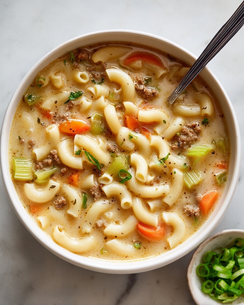 A close-up of a white bowl filled with creamy macaroni soup that has three layers of visible ingredients: curved elbow macaroni in a pale yellow color forming the main layer, soft orange carrot slices and green celery pieces scattered throughout, and small brown ground meat chunks mixed evenly in a rich, light beige broth with herbs. A silver spoon rests inside the bowl, partially submerged in the soup. The bowl is set on a white marbled surface with a small dish of chopped green onions nearby. photo taken with an iphone --ar 4:5 --v 7
