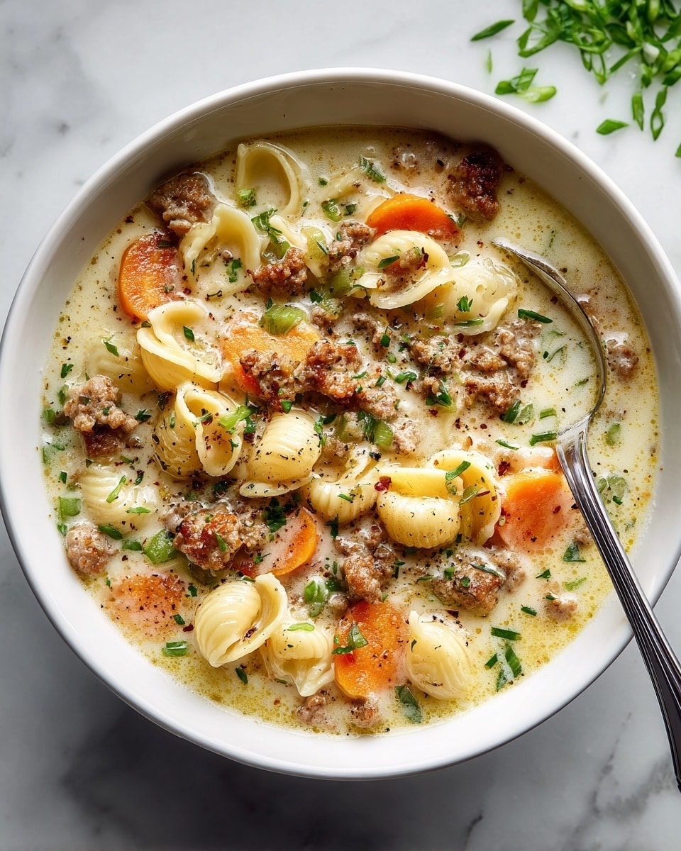 The image shows a white bowl filled with creamy soup that has several ingredients mixed together. The soup has three main layers: small curved elbow macaroni pieces that are pale yellow and soft, orange carrot slices that are round and thin, and browned crumbled sausage pieces spread evenly. The creamy broth has small herbs and spices sprinkled throughout giving it a slightly speckled look with some oily spots. There is also a silver spoon partially inside the bowl. The bowl sits on a white marbled surface with parts of bright green chopped spring onions seen nearby. Photo taken with an iphone --ar 4:5 --v 7