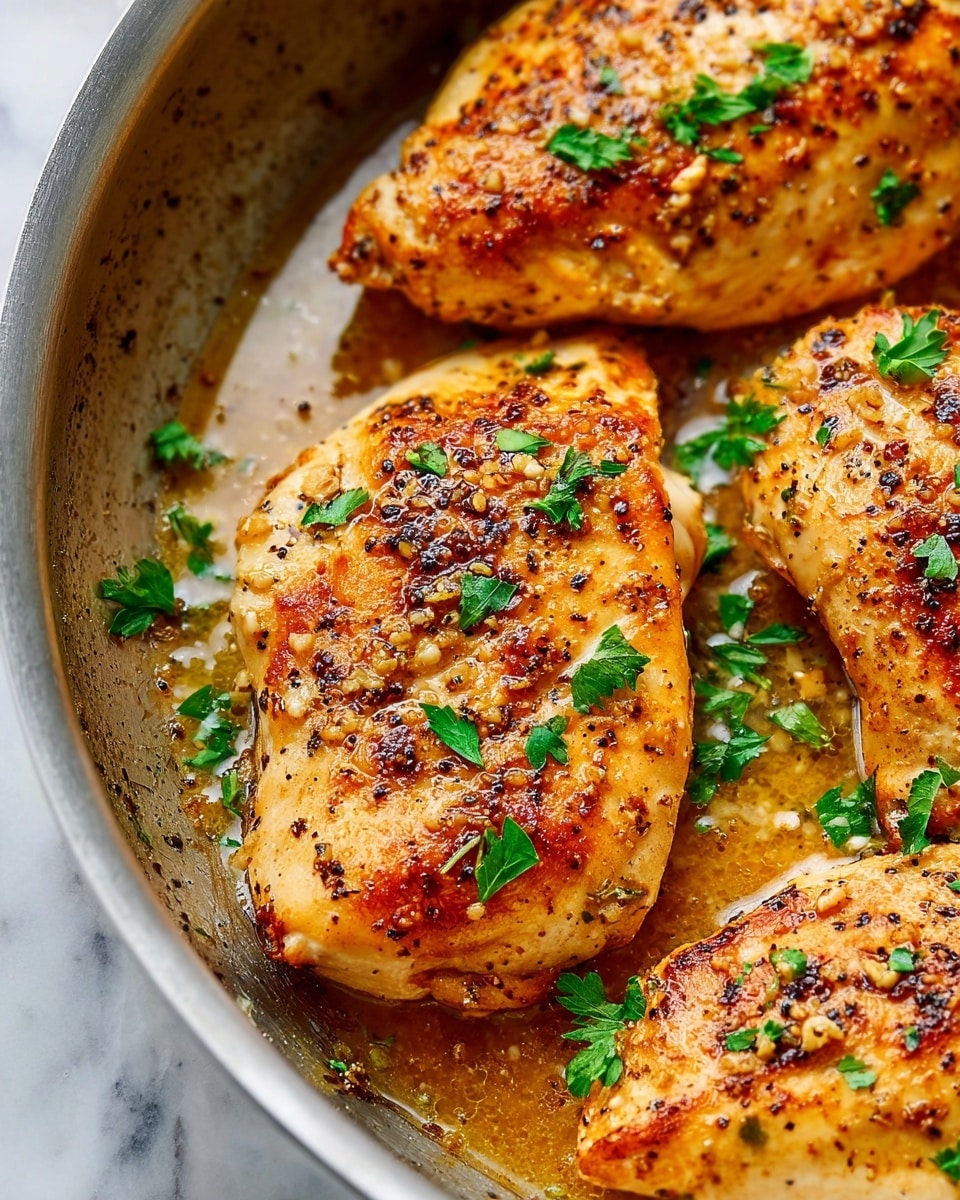 This image shows close-up golden brown cooked chicken breasts in a pan. Each chicken breast has a slightly crispy texture on top with visible seasoning such as black pepper and garlic bits. Small green parsley leaves are scattered on top of the chicken, adding a fresh contrast to the warm brown color. The pan holds some light brown cooking juices that glisten around the chicken pieces. The background is a white marbled texture, giving a clean and bright feel to the scene. Photo taken with an iphone --ar 4:5 --v 7