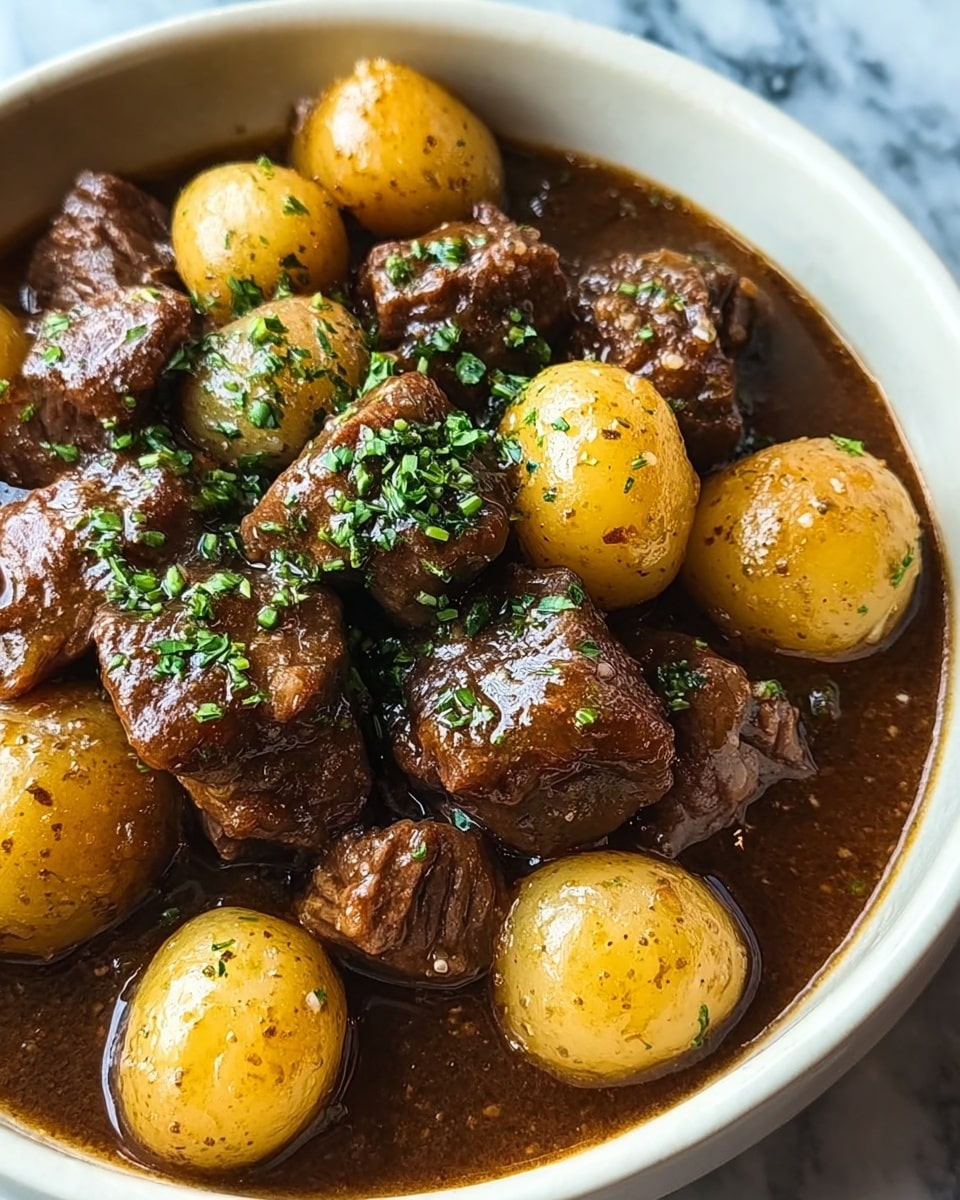 A close-up of a bowl filled with tender beef chunks and small round yellow potatoes covered in a rich brown sauce, lightly sprinkled with chopped green herbs on top. The surface underneath the bowl has a white marbled texture. The bowl is white, holding the beef and potatoes with visible sauce pooling at the bottom, showing their moisture and glossiness. photo taken with an iphone --ar 4:5 --v 7