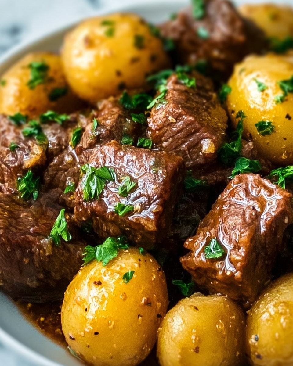 The image shows a close-up view of a dish with several thick, brown chunks of cooked beef that have a slightly shiny, moist texture. These beef pieces are mixed with golden-yellow baby potatoes that have a smooth surface and some specks of seasoning. Both the beef and potatoes are garnished with small pieces of bright green parsley scattered on top, adding a fresh touch. The food is arranged closely and appears rich and savory with a light sheen of sauce across the ingredients. The background is a white marbled texture. photo taken with an iphone --ar 4:5 --v 7