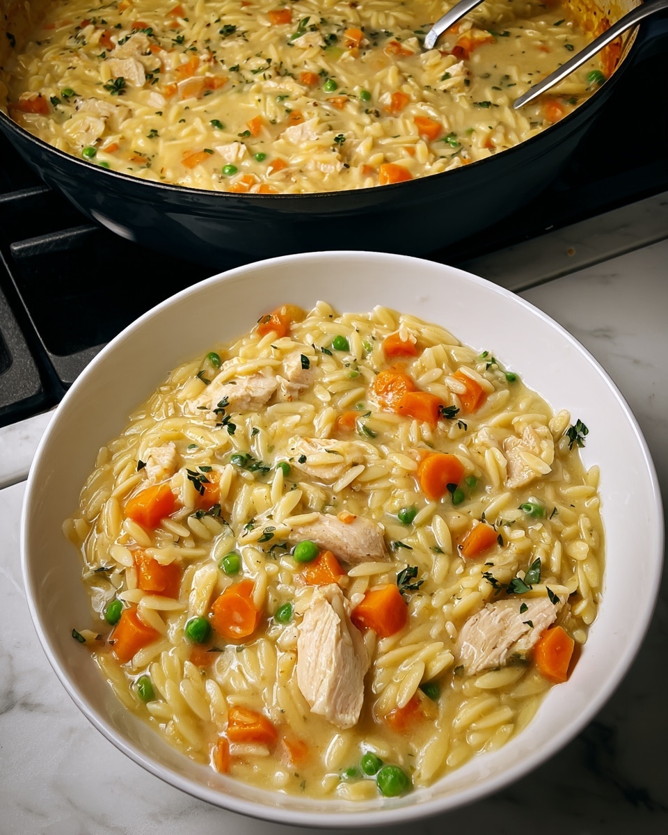 A white bowl filled with creamy chicken and orzo soup. The dish has a thick, pale yellow broth with shiny, soft orzo pasta pieces. Large chunks of white chicken and bright orange carrot slices are mixed in, along with small green peas scattered throughout. Bits of fresh green herbs are sprinkled lightly over the top. In the background, a black pan on a stove holds more of the same soup, showing a slightly browned edge where it has cooked longer. The scene is set on a white marbled surface. photo taken with an iphone --ar 4:5 --v 7