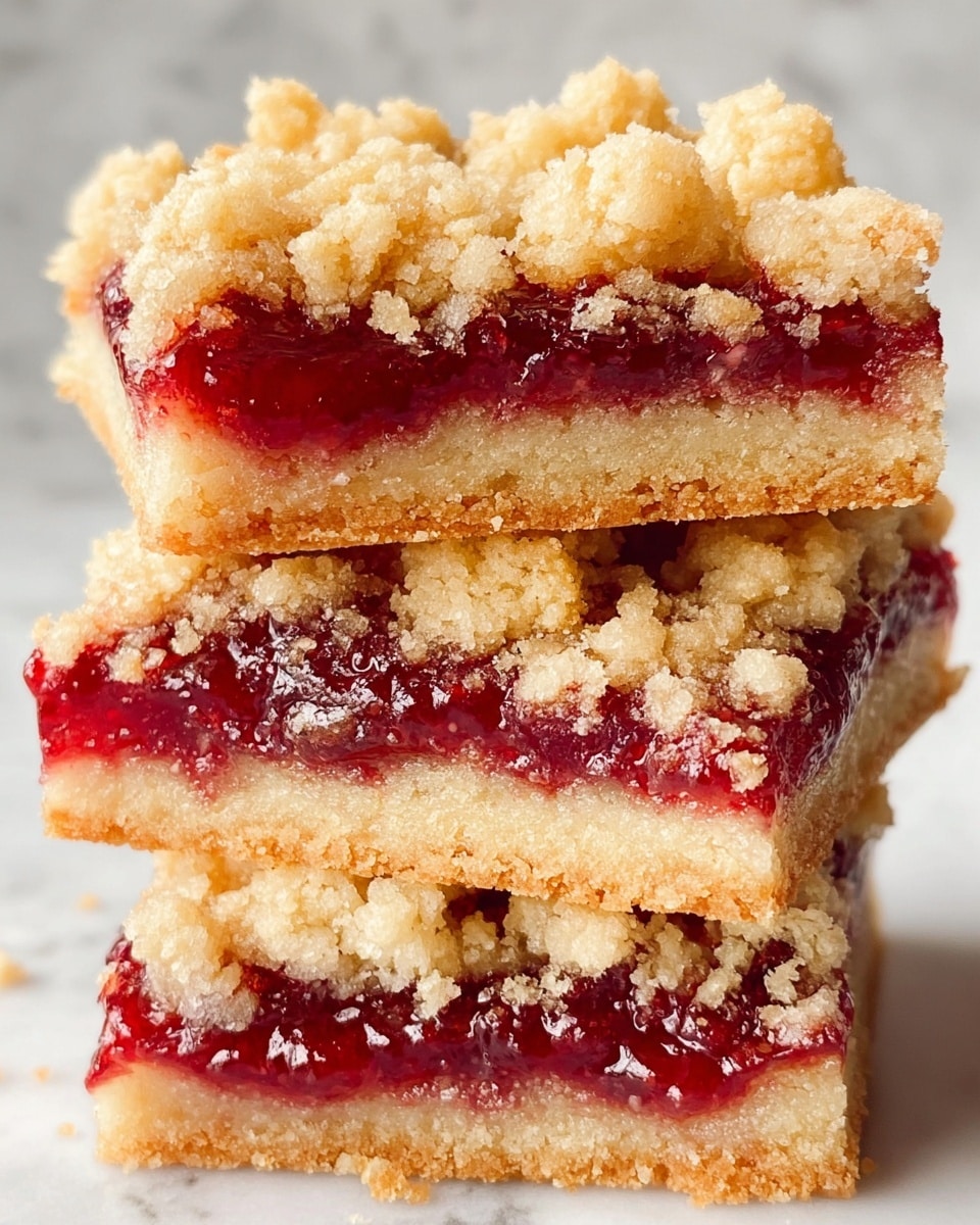 A stack of three square bars is shown, each one having three layers: the bottom layer is a light golden crumbly crust, the middle layer is a thick, glossy, deep red fruit jam, and the top layer is a crumbly, pale golden streusel with uneven, chunky texture. The bars are stacked on a white marbled surface, with the jam slightly oozing out between the layers, creating a vibrant contrast with the crust and streusel. The edges of the bars are rough and crumbly, showing the soft texture inside. photo taken with an iphone --ar 4:5 --v 7
