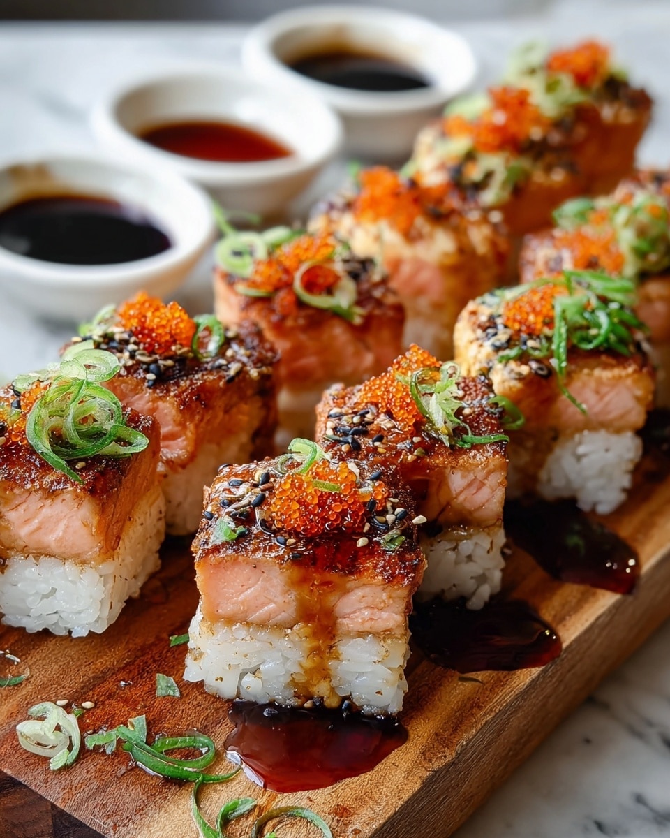 The image shows several pieces of sushi arranged in two rows on a wooden board placed on a white marbled surface. Each sushi piece has two layers: a base layer of white rice with visible grains and a top layer of lightly seared pink salmon with a glossy, caramelized texture. The salmon is garnished with small bright orange fish roe, dark and white sesame seeds, and thinly sliced green onions. A shiny, dark sauce is drizzled over the top, adding a glossy effect and some drips on the wooden board. In the background, there are three small white bowls filled with different dark sauces, slightly out of focus. photo taken with an iphone --ar 4:5 --v 7