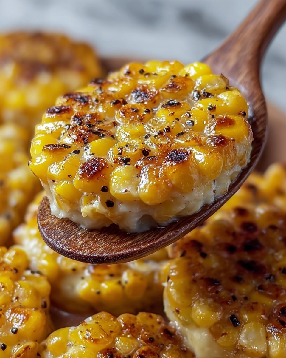 The image shows a close-up of a wooden spoon lifting a round patty made of cooked corn kernels. The patty has two visible layers: the bottom layer is a soft, creamy white base mixed with some corn, and the top layer is golden-yellow corn that has been caramelized and lightly charred, giving it a shiny, glossy texture with black pepper specks scattered on top. The background reveals more of these corn patties stacked close together, all on a surface with a white marbled texture. photo taken with an iphone --ar 4:5 --v 7