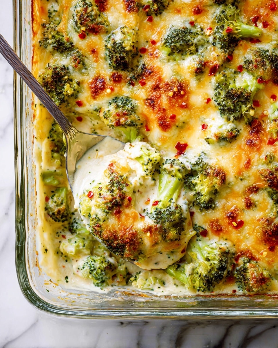 The image shows a glass baking dish filled with a creamy broccoli cheese casserole. The casserole has visible layers, starting with a creamy mix at the bottom, topped with bright green broccoli florets scattered throughout. Melted cheese covers the top, showing bubbly patches of golden brown where it has crisped. Some red pepper flakes are sprinkled over the melted cheese, adding tiny red dots across the surface. A silver serving spoon is scooping a portion from the dish, revealing the soft, mixed texture inside with melted cheese and broccoli evenly spread. The background is a white marbled surface. Photo taken with an iphone --ar 4:5 --v 7