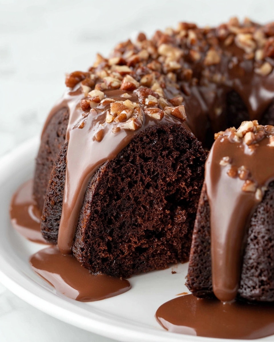 A rich dark chocolate bundt cake with a moist texture is shown in close-up, sliced to reveal its dense, slightly crumbly interior. The cake is covered in a thick, glossy milk chocolate glaze that drips down the sides and pools on the white plate beneath it. Scattered in the glaze are chunks of crunchy pecans, adding texture and a warm brown contrast to the smooth chocolate. The background is a white marbled surface which highlights the deep colors of the cake and glaze. Photo taken with an iphone --ar 4:5 --v 7