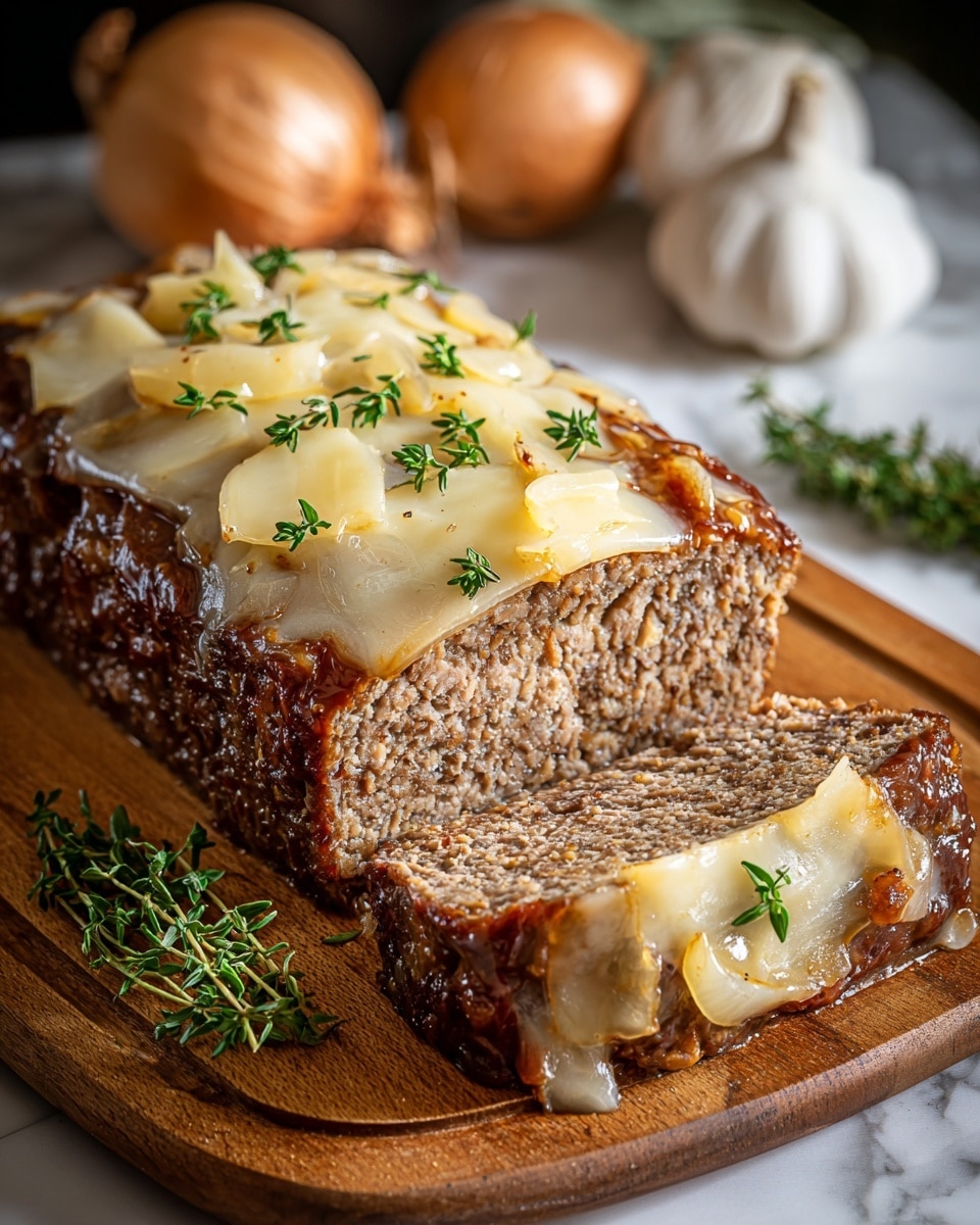 A rectangular meatloaf sits on a wooden board, with one thick slice cut and slightly pulled forward. The meatloaf is dense and cooked to a brown color with a caramelized texture on the outer edges. On top, there is a layer of melted, pale yellow cheese partially covered with translucent golden sautéed onions, decorated with small green thyme leaves. Fresh thyme sprigs lay beside the meatloaf on the board. The background shows whole onions and garlic bulbs, and a white marbled textured surface beneath everything. Photo taken with an iphone --ar 4:5 --v 7