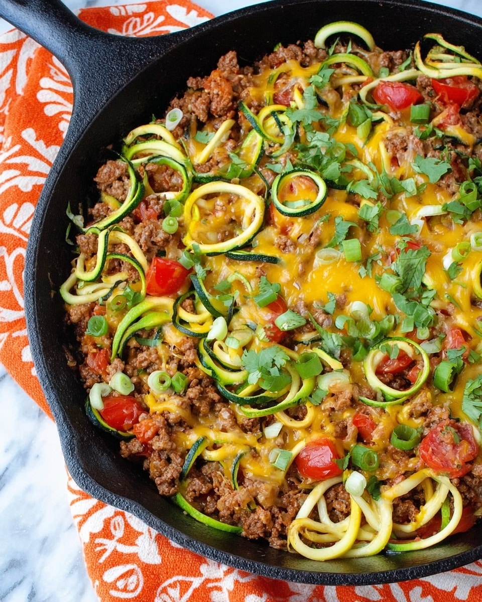 In a black cast iron skillet, there is a colorful mixture starting with a base of cooked ground meat that is brown and crumbly; scattered on top are spirals of zucchini noodles in green and pale yellow. There are small chunks of red tomatoes spread through the dish, giving bright pops of color, and melted yellow cheddar cheese partially covering the meat and noodles. Fresh green onion pieces and cilantro leaves are sprinkled across the entire top layer, adding vibrant shades of green. The skillet rests on a white marbled surface with an orange and white patterned cloth peeking from underneath. Photo taken with an iphone --ar 4:5 --v 7