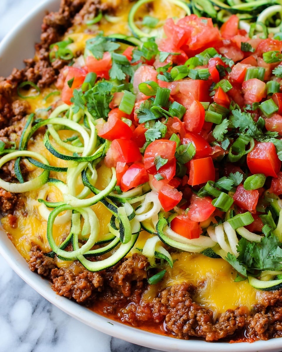 This close-up image shows a colorful and fresh dish with four main layers. The bottom layer is made of cooked ground meat mixed with chopped tomatoes, which is brown and red with a juicy texture. On top of this is a melted yellow cheese layer spreading unevenly but thick enough to cover the meat in spots. The third layer consists of spiral-shaped, green and light yellow zucchini noodles distributed all over, adding a fresh and crunchy look. The top layer is a mix of diced, bright red tomatoes and chopped green onions with some fresh cilantro leaves scattered around, adding vibrant green and red colors and a fresh feel. The dish is on a white plate, and the background surface has a white marbled texture. Photo taken with an iphone --ar 4:5 --v 7