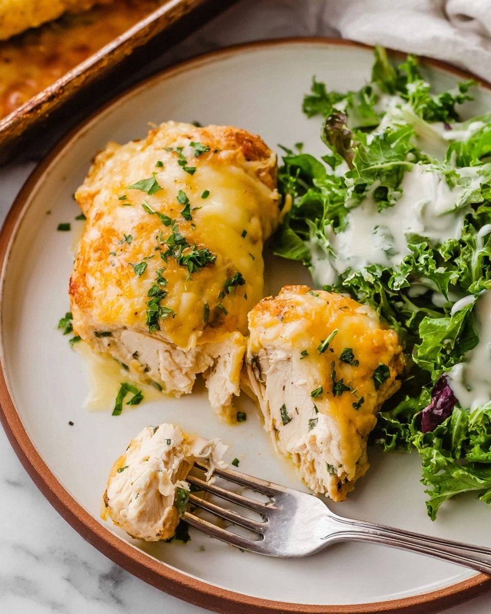 Two pieces of baked chicken covered in melted yellow and white cheese sit on the left side of a white plate. The chicken looks tender and is sprinkled with small green herbs. One piece of chicken is cut open, showing a layered inside of white meat. On the right side of the plate, there is a fresh green salad made of leafy greens and some sky white dressing drizzled over it. A silver fork holds a piece of chicken near the bottom left of the plate. The plate is placed on a white marbled surface. photo taken with an iphone --ar 4:5 --v 7