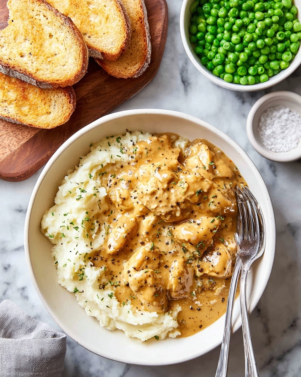 A white bowl shows a dish with a base layer of smooth, creamy mashed potatoes in off-white color, topped by a thick layer of light brown chicken and gravy with visible chicken chunks and specks of black pepper. Two silver forks rest inside the bowl on the right side, slightly overlapping. To the upper left, three slices of toasted bread with golden crust and airy texture lay on a wooden board. Above the bowl to the right, there is a white bowl filled with bright green peas, and a small bowl with coarse salt sits further right. Everything is on a white marbled surface. photo taken with an iphone --ar 4:5 --v 7
