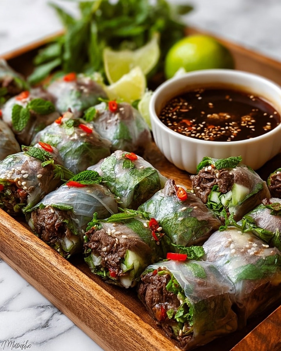 The image shows a wooden tray filled with fresh spring rolls cut into halves, revealing layers inside. Each roll has a translucent rice paper outer layer showing dark brown cooked beef mixed with green leafy vegetables and small bits of red chili. The rolls are neatly arranged in rows on the tray. At the back right side of the tray, there is a small white bowl filled with dark brown dipping sauce with floating sesame seeds and sliced chili. Behind the bowl, lime wedges and fresh green herbs are placed for garnish. The setup is on a white marbled surface. photo taken with an iphone --ar 4:5 --v 7