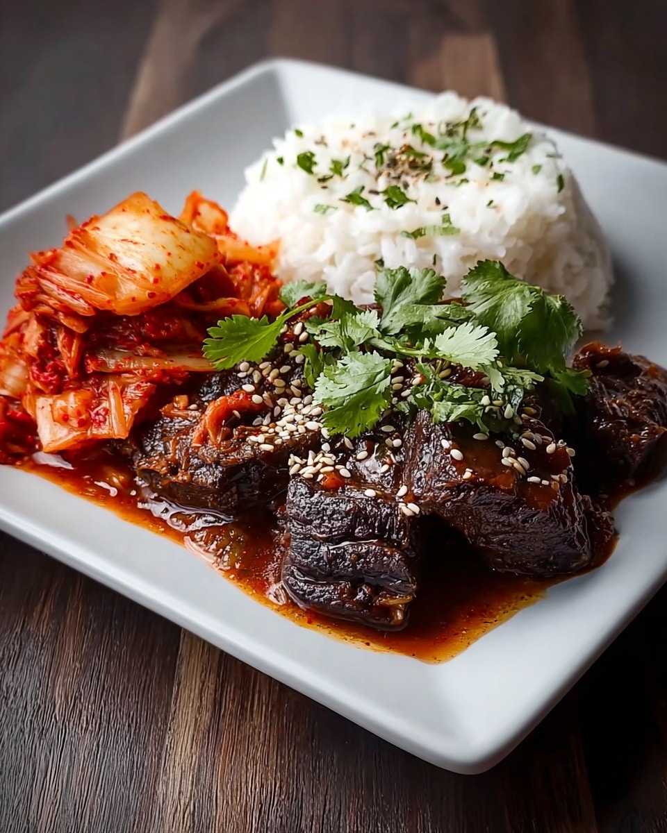A white square plate holds a meal with three main parts: on the left, a pile of reddish-orange kimchi with visible chili flakes and soft cabbage layers; in the center, dark brown braised beef chunks drenched in a glossy, thick sauce sprinkled with white sesame seeds and topped with fresh green cilantro leaves; on the right, a mound of fluffy white rice garnished with small green herbs and light black pepper specks. The plate sits on a dark wood surface. photo taken with an iphone --ar 4:5 --v 7