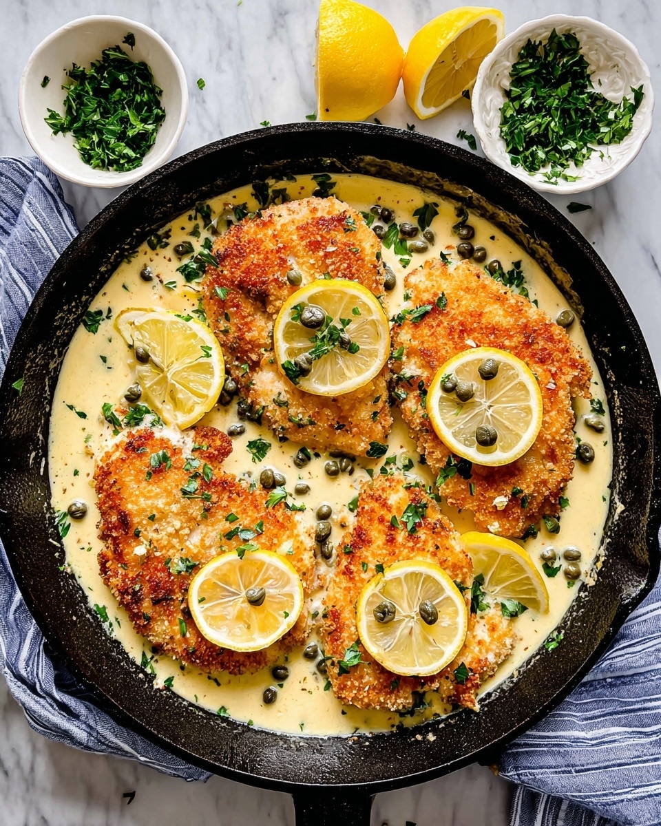 A black cast iron skillet holds four golden-brown breaded chicken breasts covered partly by a creamy, light yellow lemon sauce. Thin fresh lemon slices and small dark green capers sit on top and around the chicken, adding color contrast. Sprinkled bright green chopped parsley is scattered over the whole dish. Near the top, two small white dishes contain extra chopped parsley and lemon slices. The skillet is placed on a white marbled surface with a blue and white striped cloth partly visible on the left side. Photo taken with an iphone --ar 4:5 --v 7