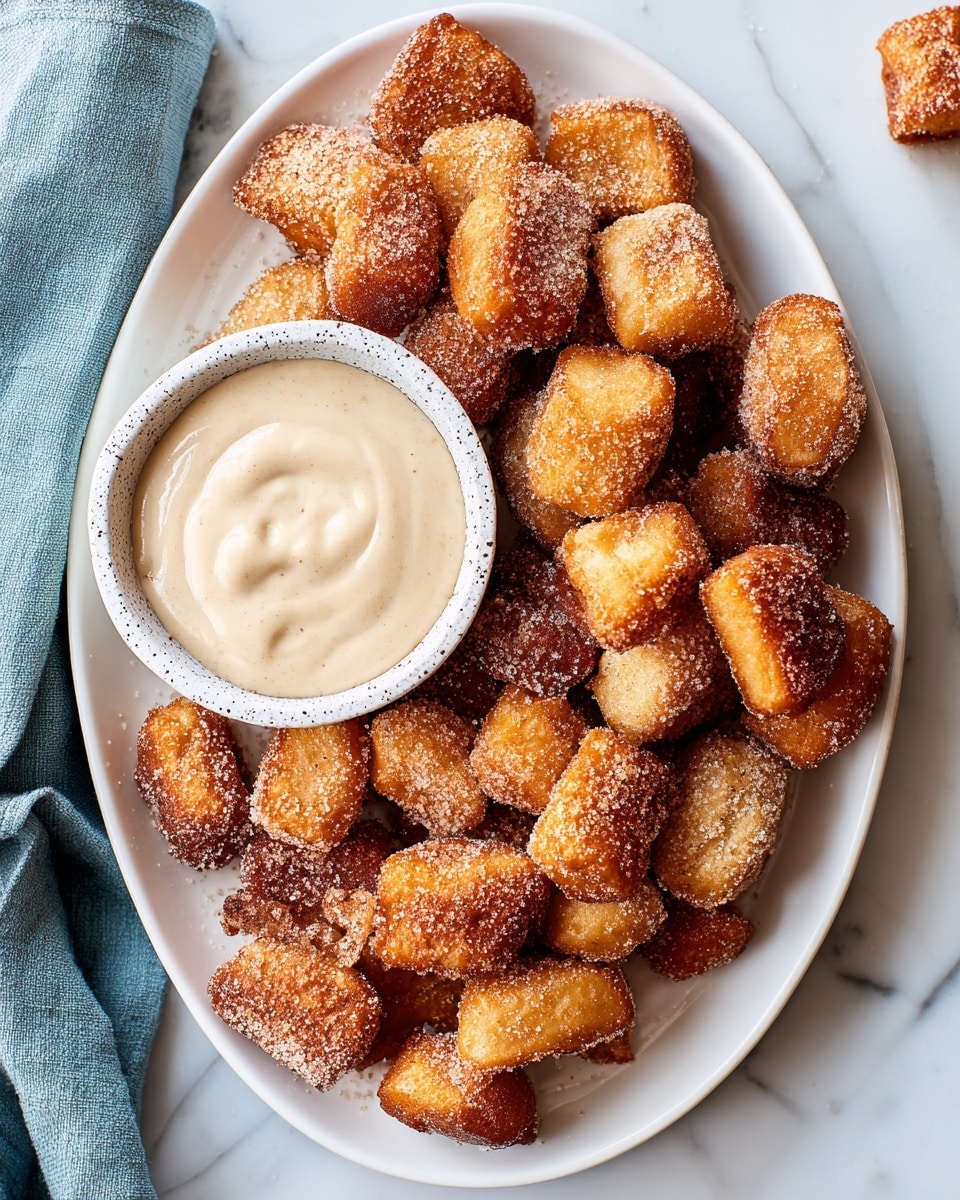 A close-up image showing a white speckled bowl filled with smooth, creamy off-white dipping sauce that has soft swirls on the surface. A small, golden brown piece of fried dough covered with cinnamon sugar is dipped halfway into the sauce, sitting in the center. Surrounding the bowl are many small, bite-sized pieces of the same fried dough, all coated with cinnamon sugar, showing a crunchy texture and warm tones of light to dark brown. The food is placed on a white marbled texture. photo taken with an iphone --ar 4:5 --v 7