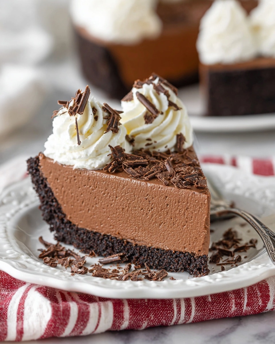 A slice of chocolate mousse pie is shown on a white decorative plate, placed on a red and white striped cloth over a white marbled surface. The pie has two distinct layers: a thick, dark brown chocolate crumb crust at the bottom, and a dense, smooth, medium brown chocolate mousse layer on top. Two large swirls of white whipped cream sit neatly near the pointed edge of the slice, each sprinkled with thin shavings of dark chocolate. Additional chocolate shavings are scattered on the plate around the pie slice. A silver fork is visible behind the slice, resting on the plate. The background is softly blurred, showing more of the same pie in the distance. photo taken with an iphone --ar 4:5 --v 7