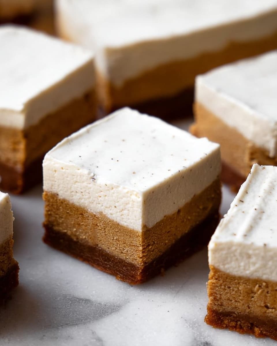The image shows several square pieces of a dessert with two clear layers. The bottom layer is thick and brown with a dense, slightly rough texture. The top layer is a thick, smooth white cream with little specks in it, giving it a soft look. The squares are arranged closely on a flat surface with a white marbled texture. The edges of each piece are clean and even, showing the sharp division between the layers. photo taken with an iphone --ar 4:5 --v 7