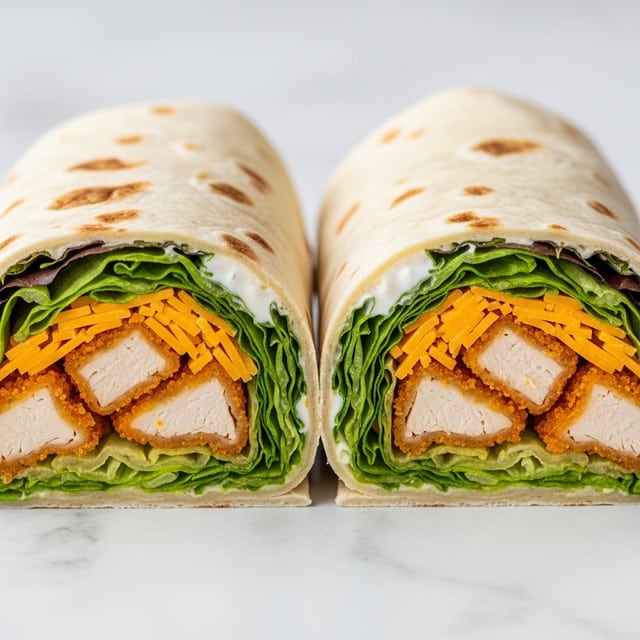 A close-up of a wrap lying on a wooden board with a white marbled texture in the background, showing layers inside the wrap which include shredded green lettuce at the bottom, followed by crispy golden-brown fried pieces that look crunchy, topped with shredded yellow cheese scattered unevenly, and a creamy white sauce being spooned over the top, dripping slightly from the spoon to the food. Photo taken with an iphone --ar 4:5 --v 7