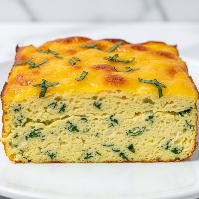 A close-up view of a thick slice of baked egg casserole on a white plate with a white marbled texture background. The casserole has two main layers: the bottom layer is a light yellow, creamy, and fluffy egg base mixed with small bits of green herbs, while the top layer is a slightly browned, golden-yellow melted cheese crust with a few fresh green herb sprigs sprinkled on it. The edges show a soft, slightly crumbly texture, and the overall slice has a warm, inviting look with a shiny surface on top. Photo taken with an iphone --ar 4:5 --v 7