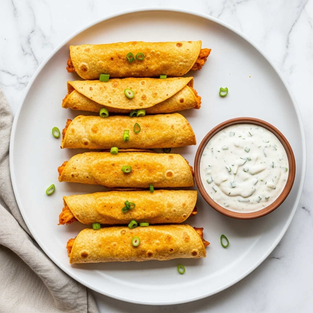 A white round plate holds five golden-brown taquitos arranged side by side, each with a crispy, slightly bubbled texture and sprinkled with small green onion pieces on top. To the right of the taquitos on the plate is a small bowl filled with white creamy sauce with green herb flecks. The plate is placed on a white marbled surface with a soft cloth visible in the bottom left corner. photo taken with an iphone --ar 4:5 --v 7