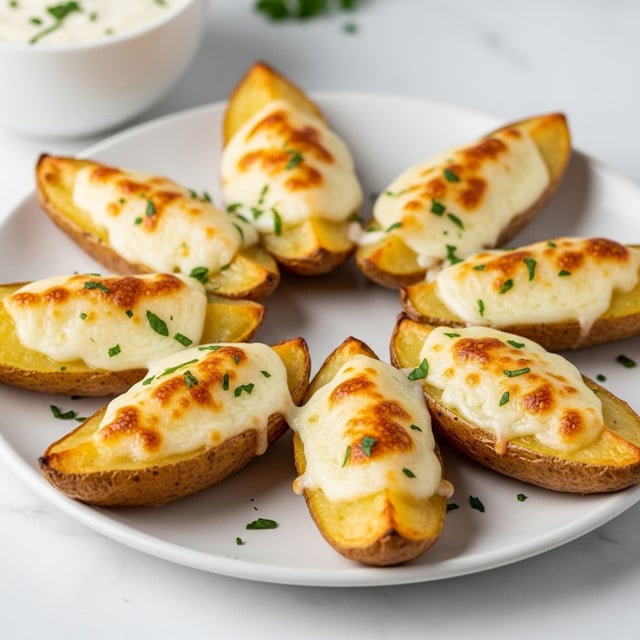 The image shows a white plate filled with seven potato wedges arranged in a loose, overlapping circle. Each wedge has a golden-brown outer skin with a slightly rough texture, while the inside is covered with melted cheese that is creamy white with some browned spots, indicating it has been baked or broiled. Small green herb pieces are sprinkled evenly over the cheese and plate. In the background, a white bowl with white sauce and some herbs is partially visible, all set on a white marbled surface. photo taken with an iphone --ar 4:5 --v 7
