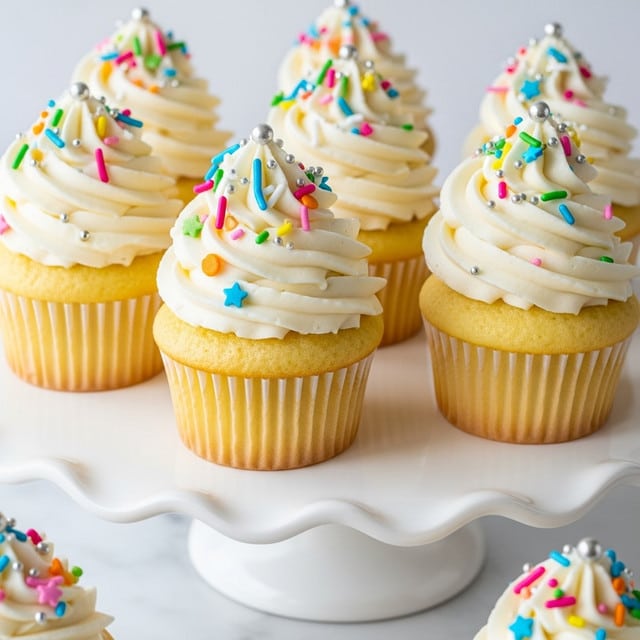 The image shows several yellow cupcakes with light, fluffy texture sitting on a white cake stand with wavy edges, all on a white marbled surface. Each cupcake has a thick, tall swirl of creamy white frosting on top, decorated with a colorful mix of sprinkles including small round balls, tiny stars, and long thin pieces in bright colors like pink, blue, green, yellow, orange, and silver. The cupcakes appear soft and moist, with the frosting smoothly piped and piled high, making each one look festive and inviting. photo taken with an iphone --ar 4:5 --v 7
