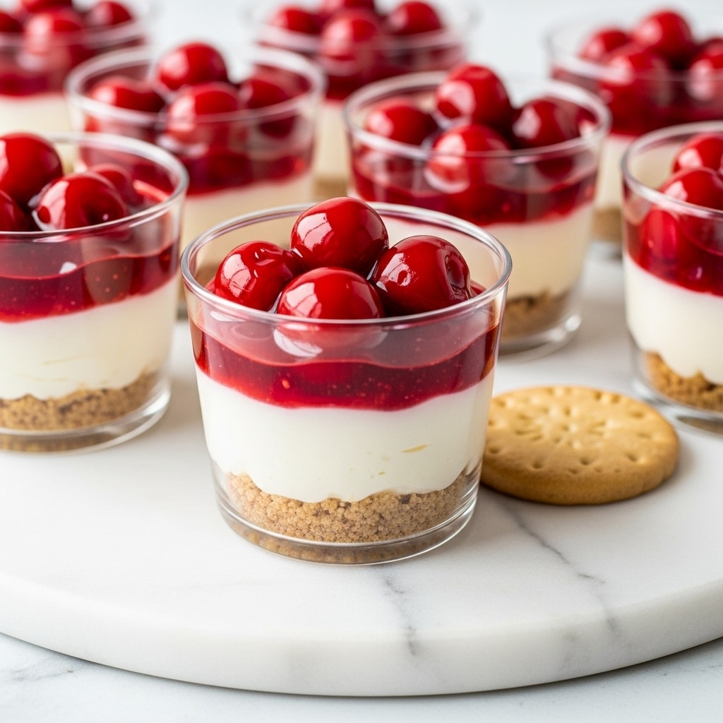The image shows several clear plastic cups filled with a three-layer dessert. The bottom layer is a light brown crumbly base, resembling crushed cookies. The middle layer is thick, smooth, and creamy with a pale off-white color. The top layer consists of bright red cherry topping with whole cherries and glossy syrup that looks wet and shiny. The cups are placed closely together on a white marbled surface, and a single light tan round cookie lies beside the cups. The colors are vibrant with the red cherries standing out against the light creamy middle and brown base, creating a fresh and inviting look. Photo taken with an iphone --ar 4:5 --v 7