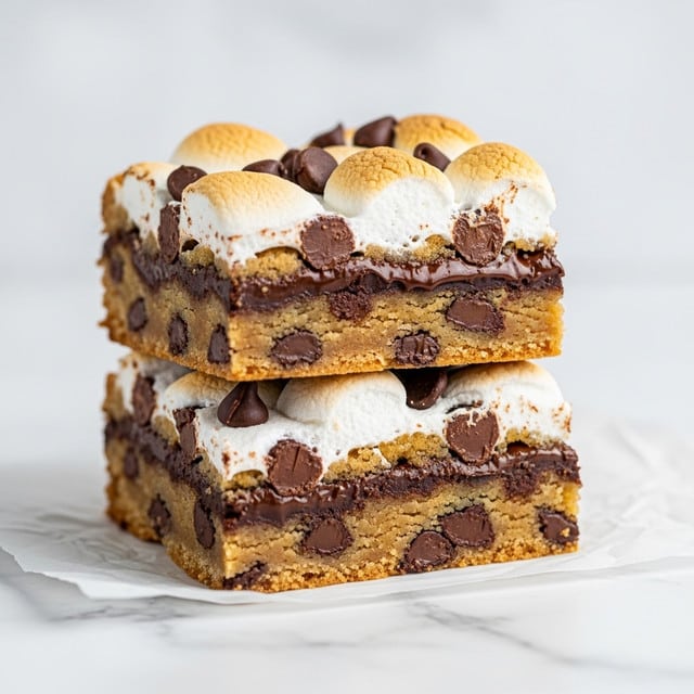 The image shows two square cookie bars stacked on top of each other on white parchment paper over a white marbled surface. Each cookie bar has three visible layers: the bottom layer is golden brown cookie dough with chocolate chips, the middle layer is dark chocolate melted chips, and the top layer features toasted white marshmallows with scattered chocolate chips. The texture looks soft and gooey, especially in the middle, with the marshmallows puffed up and slightly browned on top. The bars are cut cleanly, showing distinct layers. photo taken with an iphone --ar 4:5 --v 7