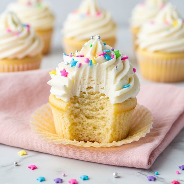 A close-up of a vanilla cupcake with two layers: the bottom layer is light yellow soft cake, and the top layer is thick white creamy frosting swirled high with a bite taken out of the front. The frosting is decorated with colorful round and star-shaped sprinkles in pink, blue, green, yellow, purple, and silver. The cupcake liner is peeled back and sits on a folded pink cloth on a white marbled surface, with more colorful sprinkles scattered around. In the background, out of focus, are other similar cupcakes standing upright. photo taken with an iphone --ar 4:5 --v 7