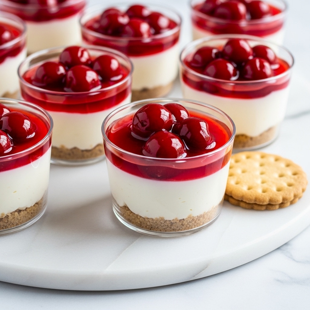 The image shows several small clear cups filled with a three-layer dessert placed on a white marbled surface. The bottom layer is a light brown crumbly crust, the middle layer is smooth and white cream, and the top layer is a bright red cherry topping with glossy, whole cherries and syrup. The cups are arranged closely together with some partially out of focus in the background. There is a single round biscuit resting on the white marbled surface near the desserts. Photo taken with an iphone --ar 4:5 --v 7