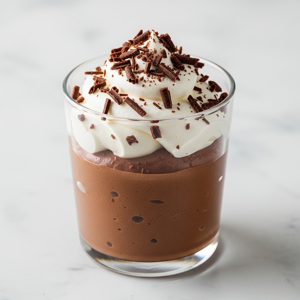 The image shows a single clear glass filled with rich, smooth dark brown chocolate mousse as the base layer. On top is a thick, fluffy white layer of whipped cream that looks soft and airy. The whipped cream is sprinkled generously with thin, dark brown chocolate shavings that add texture and contrast to the smooth cream. The glass is set on a white marbled texture surface. The photo taken with an iphone --ar 4:5 --v 7