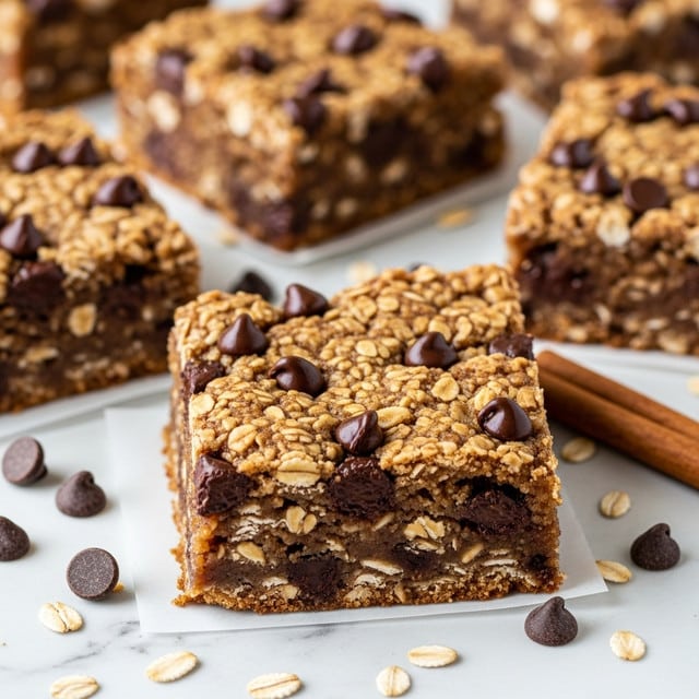 The image shows several square oatmeal chocolate chip bars with a rough, textured top layer that is golden brown and studded with dark chocolate chips, spread evenly throughout each bar. The sides reveal a thick, chewy interior with visible oats and chunks of chocolate. The bars are placed on small squares of parchment paper, arranged close together on a white marbled surface, with a few scattered loose chocolate chips and oats around them. A cinnamon stick lies near the front right side of the closest bar. photo taken with an iphone --ar 4:5 --v 7