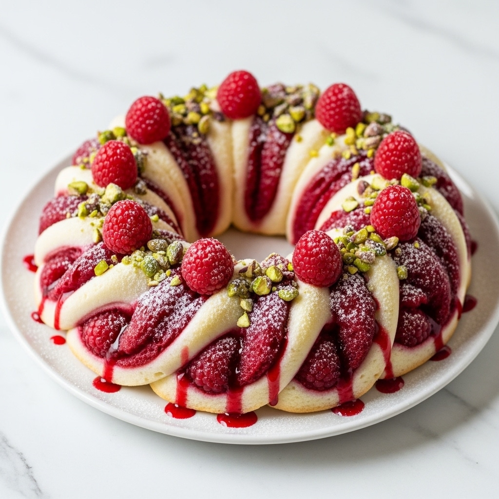 The image shows a ring-shaped dessert with twisted layers of creamy white and deep red swirls, creating a marbled effect. The dessert is topped with whole fresh raspberries and scattered chopped pistachios, adding green and red pops of color. A light dusting of powdered sugar covers the surface, enhancing the texture. The dessert sits on a white plate placed on a white marbled surface. Small drops of red syrup or juice are visible inside the ring and around the base, adding a touch of detail. Photo taken with an iphone --ar 4:5 --v 7