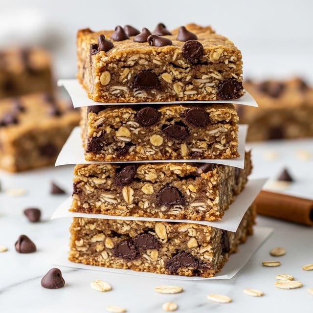 This image shows a stack of four thick oat and chocolate chip bars, each separated by a thin square of parchment paper. Each bar has a dense texture with golden oats mixed throughout and dark brown chocolate chips scattered evenly on the surface and inside. The bars are cut in squares with clean edges and sit on a white marbled surface. A cinnamon stick is partially visible on the right side near the base of the stack. A few loose chocolate chips and oat flakes are scattered around the bars, adding to the natural, homemade feel. photo taken with an iphone --ar 4:5 --v 7