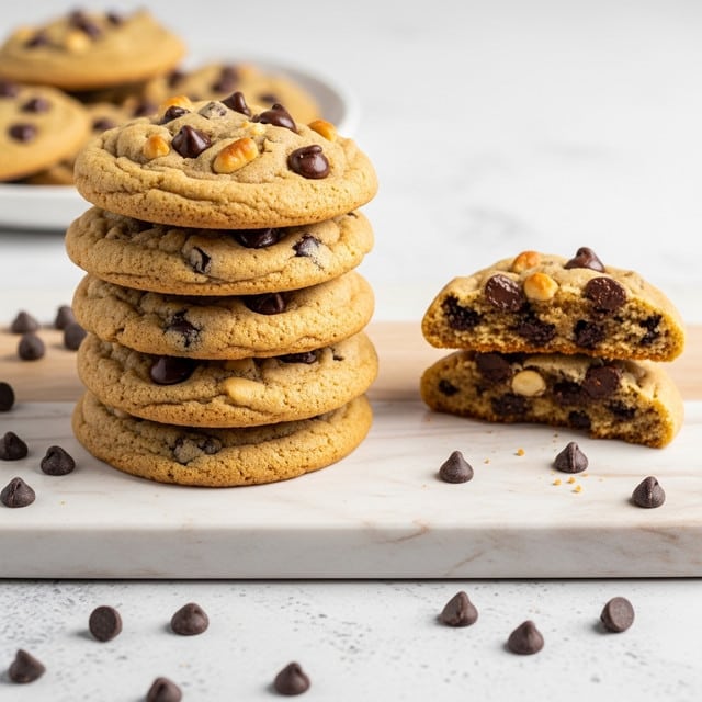 A stack of five golden brown cookies sits on a light wooden board with a white marbled textured surface underneath. Each cookie is thick, with scattered dark chocolate chips and small pieces of nuts embedded on the top and throughout the cookie. To the right, a half-eaten cookie shows a soft, chewy inside with more chocolate chips visible. Around the board are some loose dark chocolate chips scattered on the wooden surface. In the background on the left, there is a white plate holding more cookies slightly out of focus. The scene is warm and inviting, highlighting the texture and richness of the cookies. photo taken with an iphone --ar 4:5 --v 7