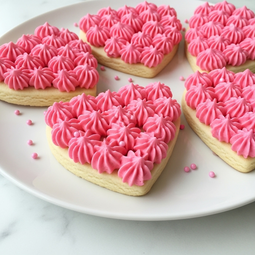 A close-up of heart-shaped sugar cookies on a white plate resting on a white marbled surface, each cookie topped with thick, bright pink frosting shaped in multiple rows of smooth, rounded petal-like dollops covering the whole cookie surface, creating a textured, layered look, with small pink round sprinkles scattered lightly around the plate edges photo taken with an iphone --ar 4:5 --v 7