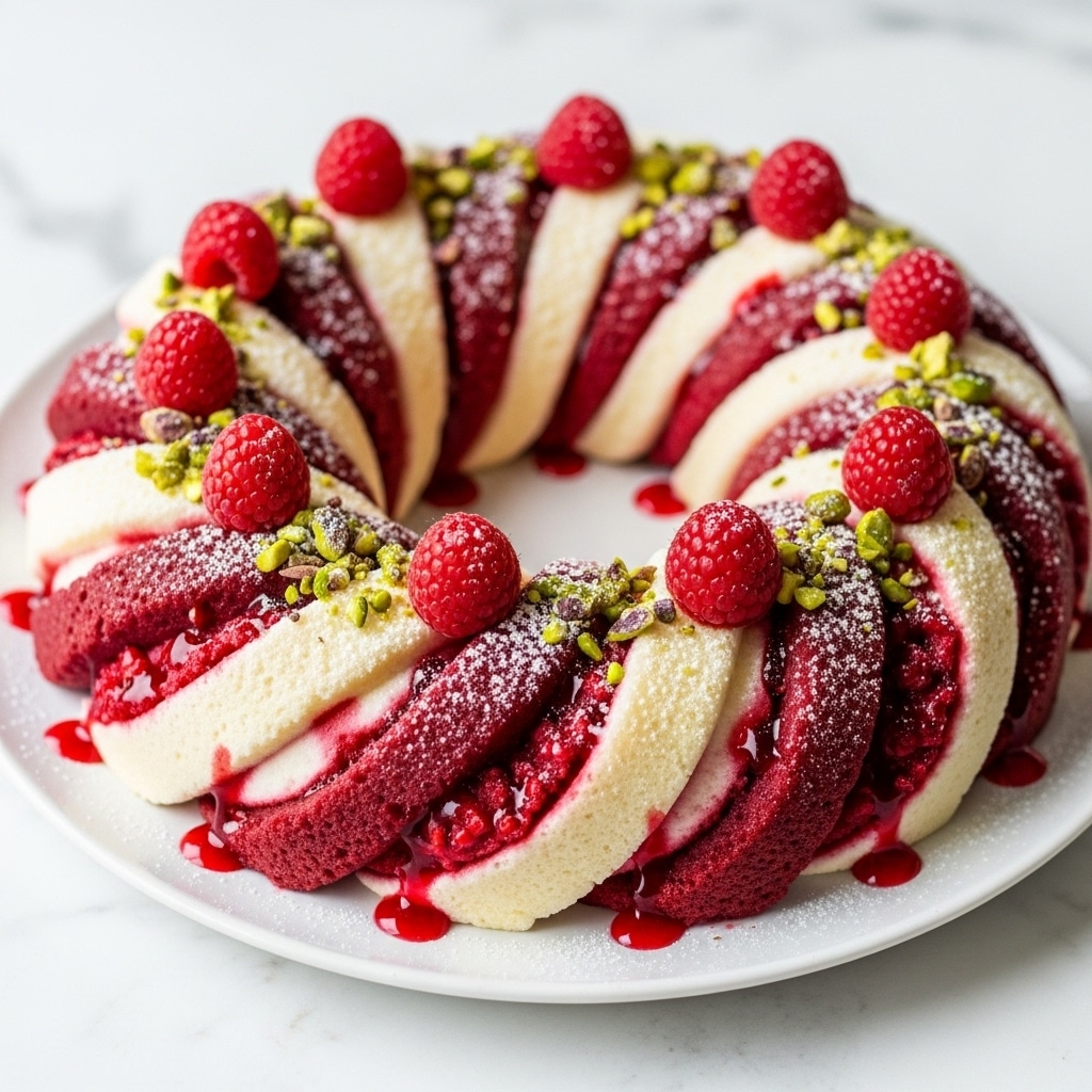 A circular braided pastry wreath with two main layers: the outer dough layer is a light golden brown with a soft texture, twisted evenly with thick swirls of bright red raspberry filling throughout. On top, it is decorated with scattered whole raspberries and chopped green pistachios, sprinkled lightly with powdered sugar which gives a delicate white dusting effect. The pastry sits on a white plate that rests on a white marbled surface. Nearby, there is a small white dish filled with raspberries and pistachios, a knife with a dark brown handle, and a golden ribbon adding a festive touch. photo taken with an iphone --ar 4:5 --v 7