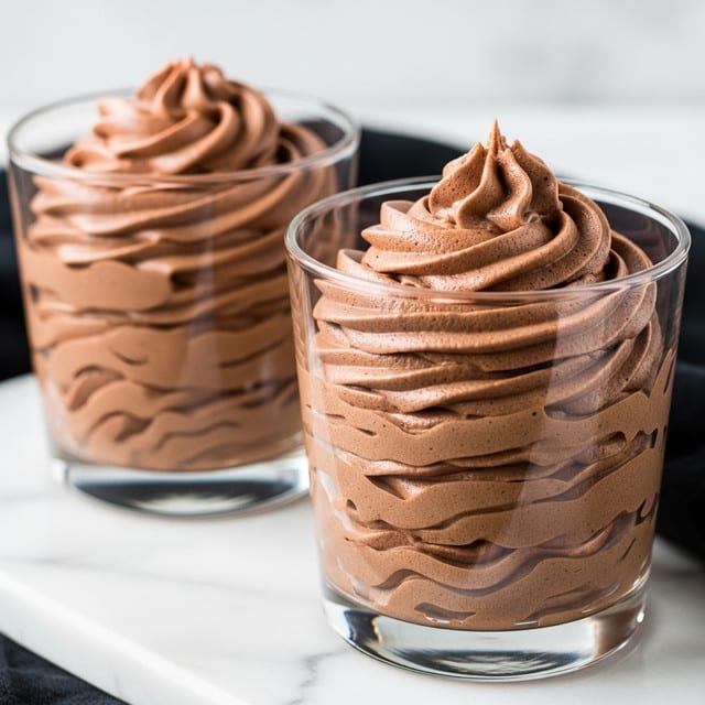 Two clear glass cups are filled with smooth, dark brown chocolate mousse, piped in thick, swirled layers inside the glasses. Each cup has a rich, creamy swirl on top that looks slightly textured with soft peaks, sitting on a white marbled surface with a dark cloth underneath. The mousse layers are dense and light, showing a soft and airy texture throughout the transparent glasses. photo taken with an iphone --ar 4:5 --v 7