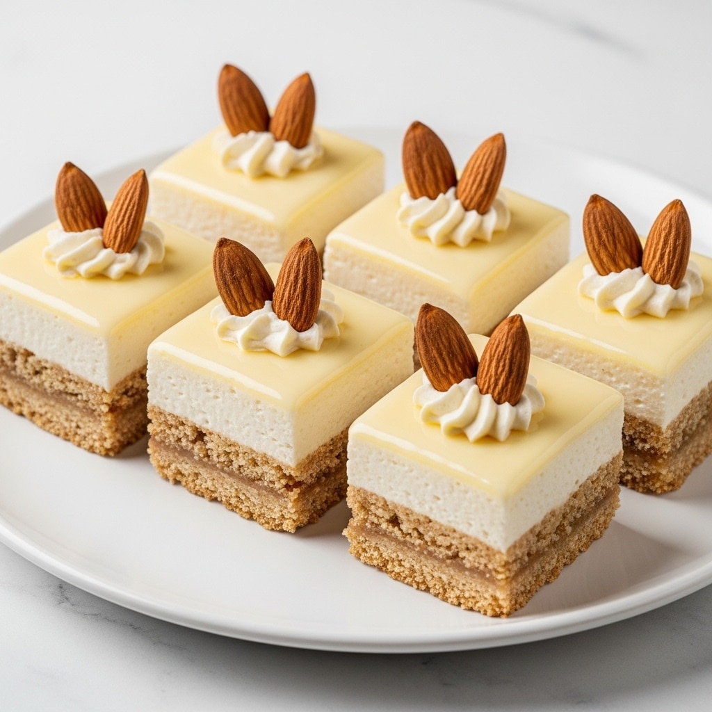 Six small square desserts are placed on a white plate over a white marbled surface. Each dessert has two clear layers: a bottom layer of crumbly, light brown crust and a top layer of smooth, creamy off-white filling with a shiny surface. On the top, two thin almond slices are placed on each dessert, slightly overlapping, with a natural brown skin and cream inside. The shapes are neat and sharp-edged, and the lighting highlights the soft texture of the creamy layer. photo taken with an iphone --ar 4:5 --v 7