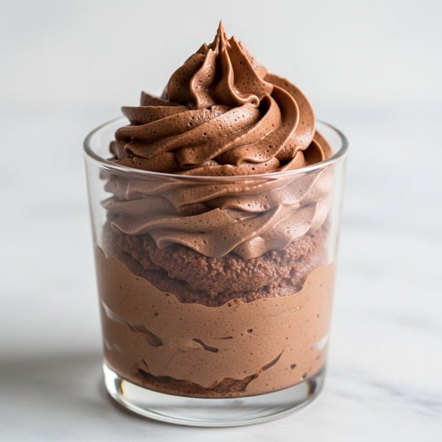 A close-up shot of a single clear glass filled with smooth and creamy chocolate mousse. The mousse has two visible layers: the bottom layer is thick and dense with a slightly rough texture, while the top layer is light and fluffy, piped into elegant swirls that rise above the glass rim, showing soft folds and peaks in a rich brown color. The glass sits on a surface with a subtle white marbled texture. Photo taken with an iphone --ar 4:5 --v 7