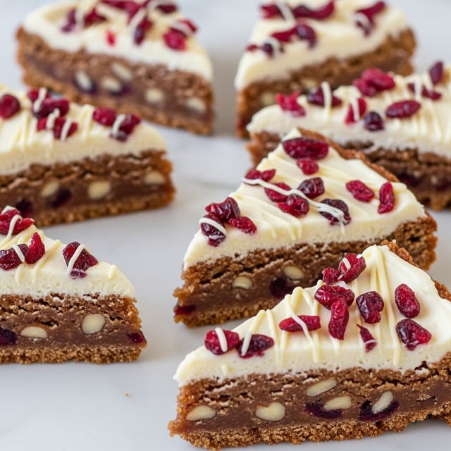 The image shows several triangular slices of a dessert arranged on a white marbled surface. Each slice has two layers: a thick, brown base layer with visible chunks of white nuts and cranberries, and a creamy white frosting layer on top, which is decorated with scattered pieces of dried red cranberries and thin white chocolate drizzle. The texture of the base appears soft and slightly crumbly, while the top layer looks smooth and rich. The slices are placed close to each other with some space in between, showcasing the clean cut and fresh topping. photo taken with an iphone --ar 4:5 --v 7