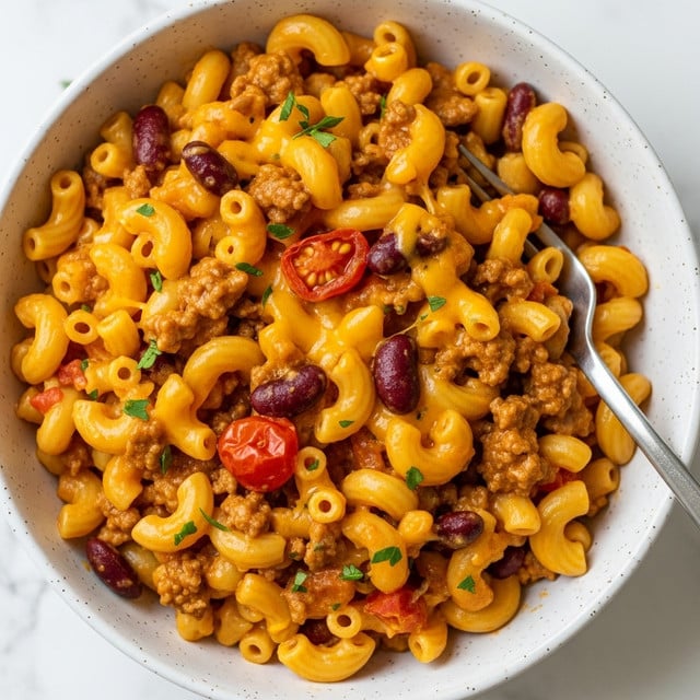 The image shows a close-up of a bowl filled with macaroni pasta mixed with melted cheddar cheese, browned ground meat, red kidney beans, and small tomato pieces, all evenly coated in a creamy, orange-yellow sauce. The pasta is slightly curved and shiny, with the cheese appearing gooey and stretchy on top. Small green herbs are sprinkled throughout, adding contrast against the rich yellow and reddish colors. The bowl is white with a subtle speckled texture, and a silver fork rests on the right side inside the bowl. The background is a white marbled surface. photo taken with an iphone --ar 4:5 --v 7