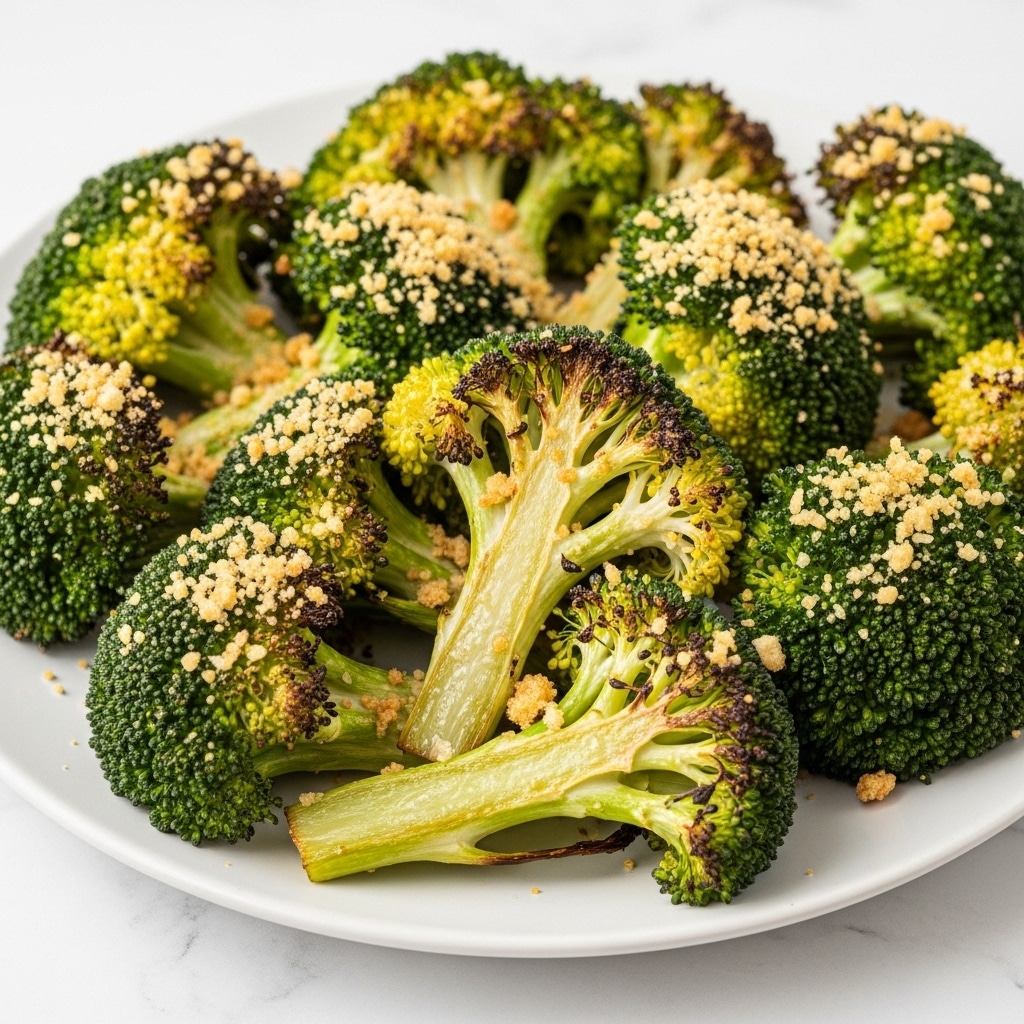 The image shows a white plate filled with roasted broccoli pieces. Each broccoli floret is bright green with crispy, golden-brown edges from roasting. Small, light golden breadcrumb bits are sprinkled generously over the broccoli, adding texture and a crunchy look. The broccoli stems are lighter green with a roasted, slightly charred appearance. The white plate rests on a white marbled surface. The close-up shot highlights the contrast between the roasted tips and the fresh green parts of the broccoli. photo taken with an iphone --ar 4:5 --v 7
