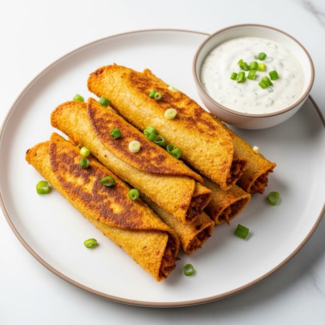 The image shows five golden-brown, crispy rolled taquitos stacked slightly unevenly on a white plate with a thin beige rim. Each taquito has a textured, crunchy outer shell with a few darker browned spots indicating a fried surface, and they are sprinkled with small pieces of chopped green onion on top, adding a fresh pop of color. To the right of the plate, there is a small round bowl filled with a creamy white dipping sauce speckled with green herbs. The plate and bowl are placed on a white marbled surface. photo taken with an iphone --ar 4:5 --v 7