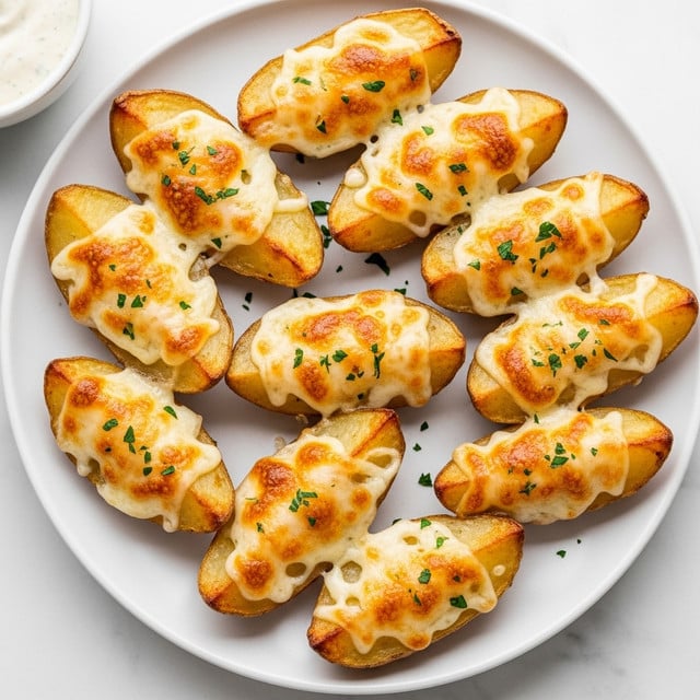 The image shows eight potato wedges placed closely together on a white plate, each wedge with a crispy golden-brown skin layer and topped with a layer of melted cheese that is bubbly and slightly browned in spots. The cheese layer is speckled with small bits of chopped green herbs, adding a touch of color. The white plate sits on a white marbled surface, and a small white bowl with a light creamy dip is partially visible in the top left corner. photo taken with an iphone --ar 4:5 --v 7