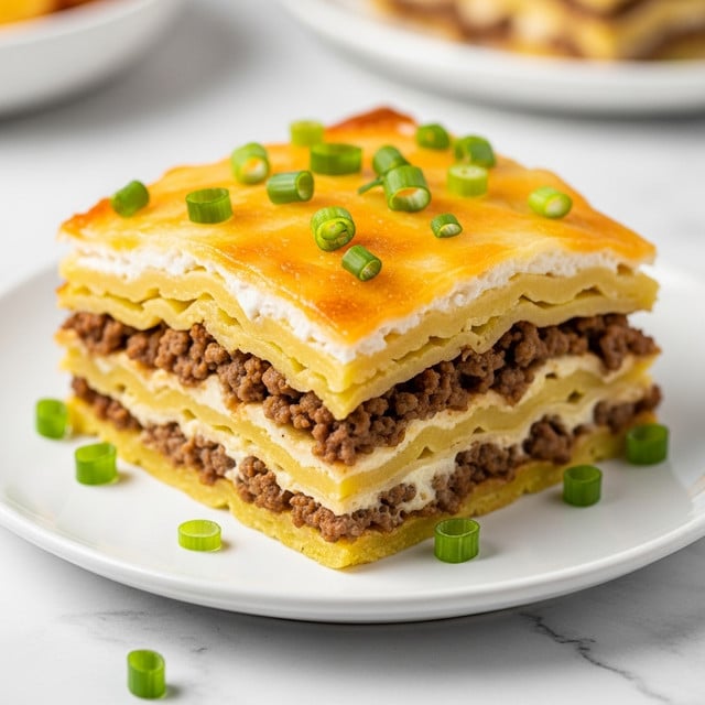 A thick square slice of layered casserole sits on a white plate on a white marbled surface. The dish has four visible layers: the bottom layer looks like cooked yellow noodles or potatoes, the second layer is filled with browned ground meat mixed with some white creamy sauce, the third layer is another layer of yellow noodles or potatoes, and the top layer is a golden melted cheese with a mix of white creamy sauce underneath. The casserole is topped with fresh chopped green onions scattered on top and around the plate's edge. In the background, another white plate with food is blurred out. Photo taken with an iphone --ar 4:5 --v 7