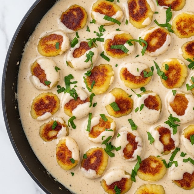 The image shows a close-up of browned gnocchi pieces coated in a thick, creamy light beige sauce with a smooth texture. The gnocchi are golden with some crispy darker spots and are arranged in a single layer in a round black pan. Chopped green herbs are sprinkled evenly on top of the gnocchi and sauce, adding a fresh color contrast. The background has a white marbled texture that is slightly blurred. Photo taken with an iphone --ar 4:5 --v 7